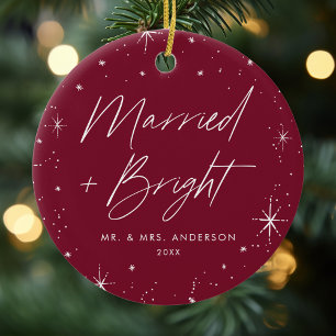 Married and Bright Cranberry Holiday Photo Ceramic Tree Decoration