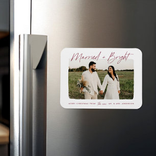 Married and Bright Cranberry Script Photo Magnet
