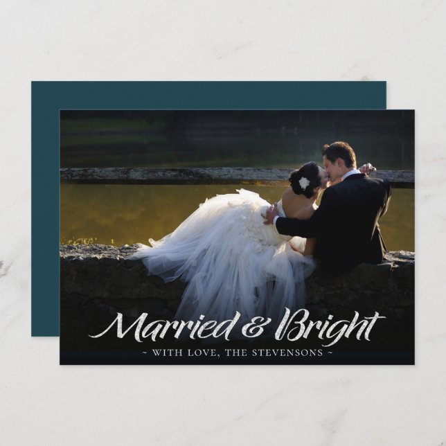 Married and Bright | Dark Teal Photo Christmas Holiday Card (Front/Back)