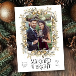 Married and Bright Golden Ornaments Wedding Photo Holiday Card<br><div class="desc">Newlywed holiday photo card with custom photo displayed in vertical format and framed with garland of golden ornaments. Traditionalist,  romantic nostalgia design with elegant modern retro typography. Please browse my First Christmas Married Photo Cards collection for more designs.</div>