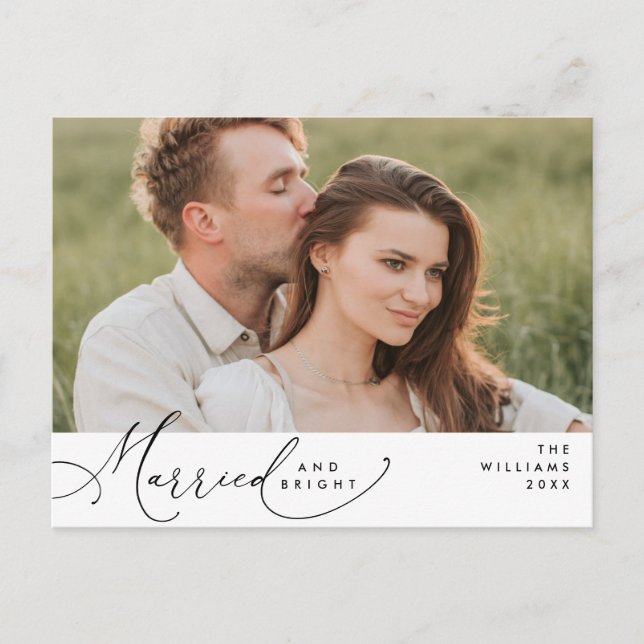 Married and Bright, Modern Script Photo Holiday  Postcard (Front)