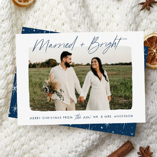 Married and Bright Navy Script Photo Holiday Card