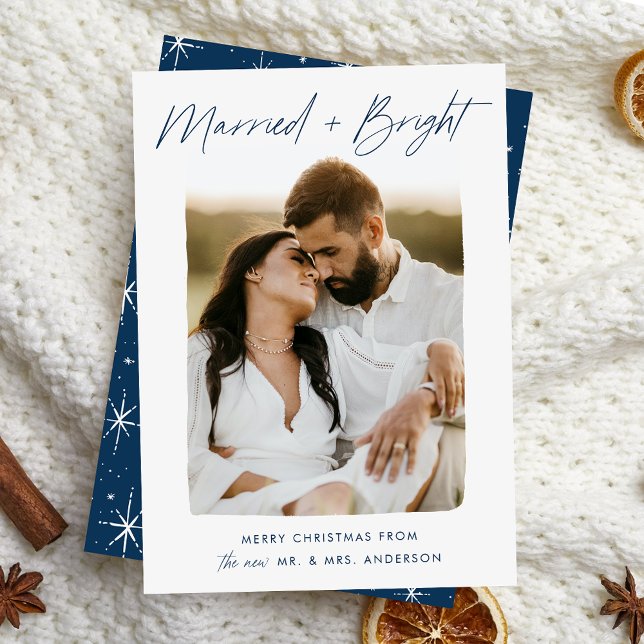Married and Bright Navy Script Photo Holiday Card (Creator Uploaded)