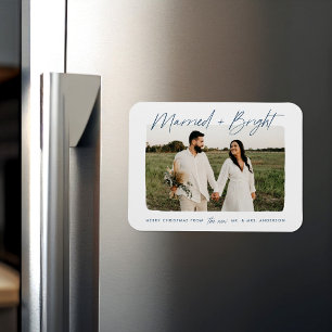 Married and Bright Navy Script Photo Magnet