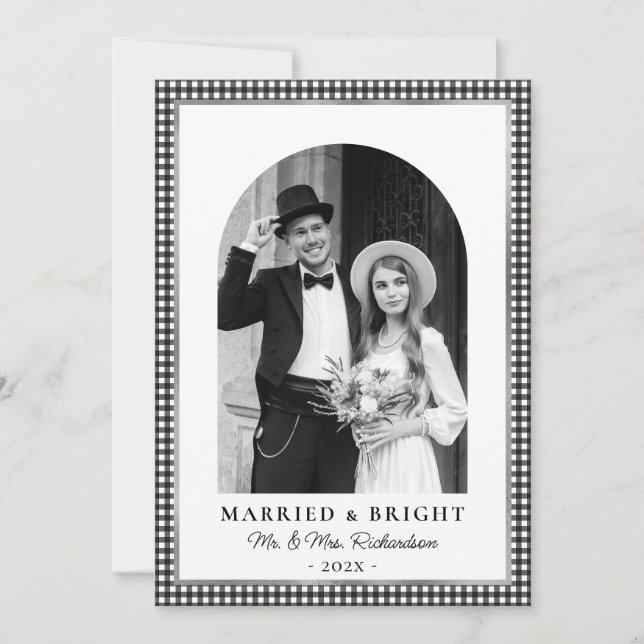 Married and Bright Newlywed Photo Black White  Holiday Card (Front)