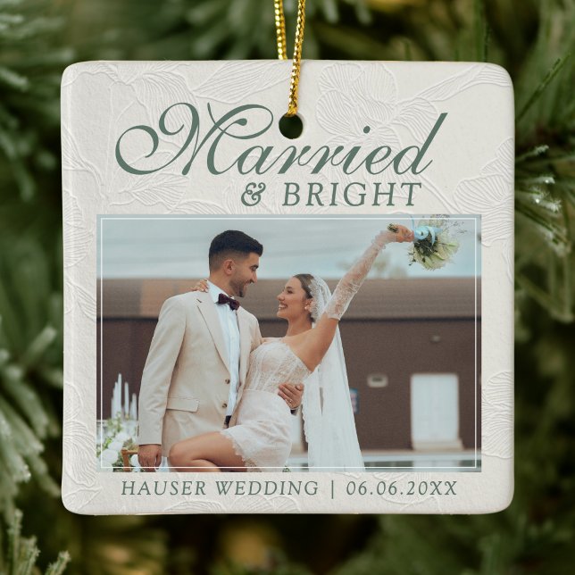 Married and Bright Photo Keepsake Wedding Ceramic Ornament (Capture the love from your wedding day with this Married and Bright Photo Keepsake Wedding Ornament!)