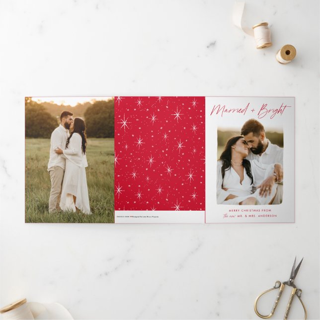 Married and Bright Red Script 4 Photo Tri-Fold Holiday Card (Outside)