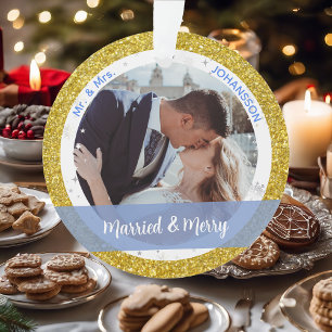 Married and Merry 1st Xmas as Mr and Mrs 2 Photos Ornament