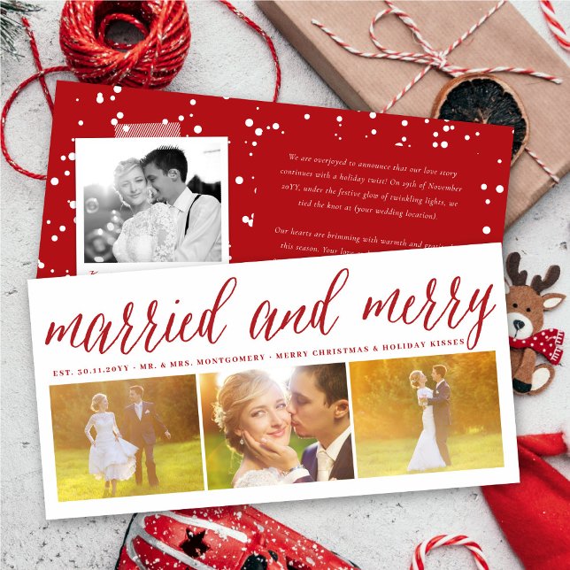 Married And Merry 3 Photo Collage Simple Wedding Holiday Card (Creator Uploaded)