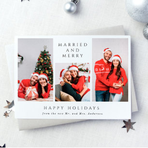 Married and Merry   3-Photo First Christmas  Holiday Card