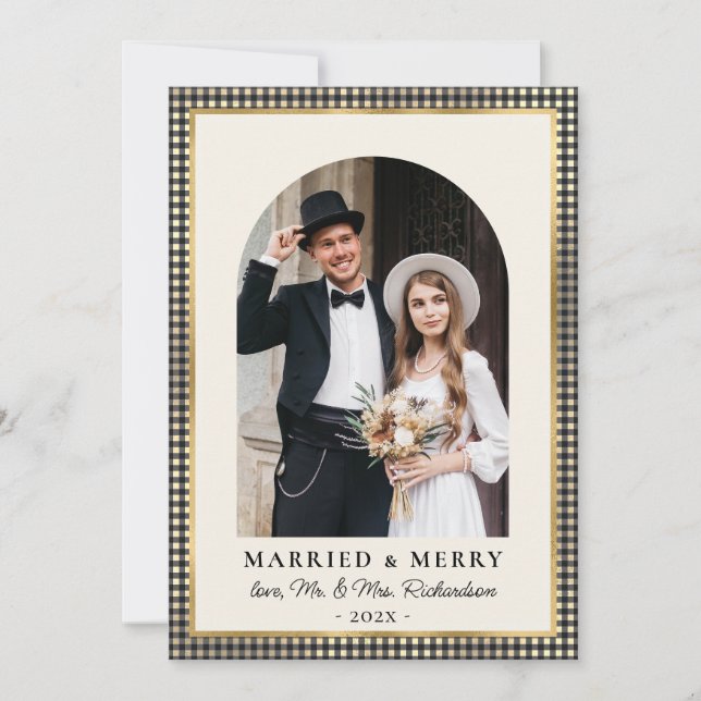 Married and Merry Arch Photo Black Gold Plaid  Holiday Card (Front)