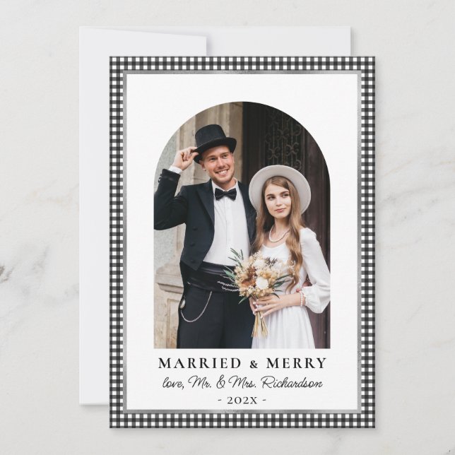 Married and Merry Arch Photo Black White Plaid  Holiday Card (Front)