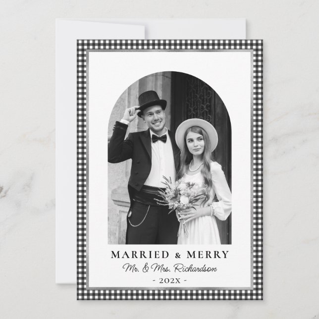 Married and Merry Arch Photo Black White Plaid Holiday Card (Front)