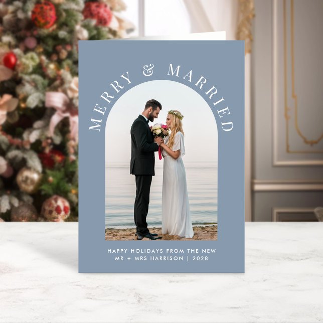 Married And Merry Arch Photo Dusty Blue Christmas Holiday Card (A beautiful and unique photo card to announce your marriage to family + friends this holiday season)