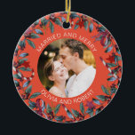 Married and Merry Blush Christmas Wreath Newlyweds Ceramic Tree Decoration<br><div class="desc">Romantic ornament for married couple features beautiful Christmas wreath and a bright blush background. Personalize the template with your photograph,  names or custom text. You can change the background color if you like,  just click on "Edit using design tool".</div>