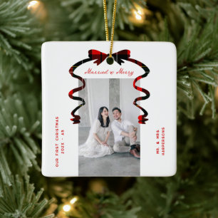 Married and Merry Bow Photo Christmas Newlyweds Ceramic Ornament