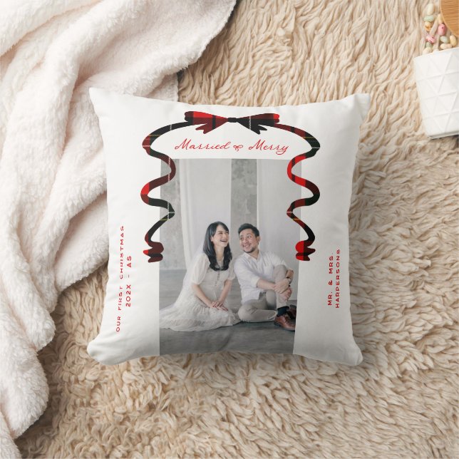 Married and Merry Bow Photo Christmas Newlyweds Cushion (Blanket)