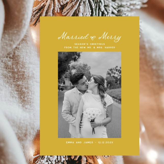 Married and Merry Bow Photo Christmas Newlyweds Holiday Card (Creator Uploaded)