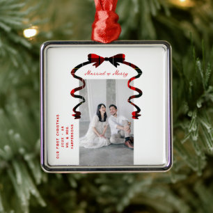 Married and Merry Bow Photo Christmas Newlyweds Metal Tree Decoration