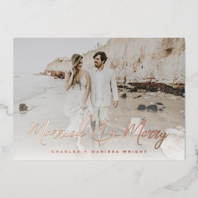Married and Merry Brush Script Christmas Photo (Front)