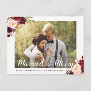 Married and Merry Burgundy Floral Holiday Photo
