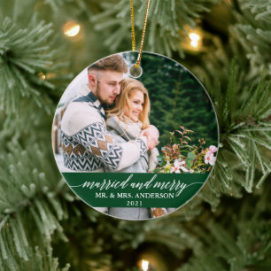 Married and Merry Calligraphy Wedding Green Ceramic Tree Decoration