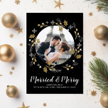 Married and Merry Christmas Photo Gold Botanical Holiday Card<br><div class="desc">Celebrate the season with this festive card featuring your photo framed by a circular botanical holiday wreath highlighted by faux gold holly leaves and white snowflakes. Add your photo, names and custom greeting to personalize. Perfect for a newly married couple or family. Elegant and stylish yet modern and festive -...</div>