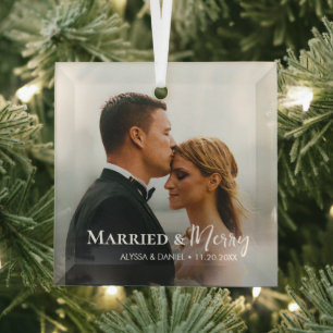 Married and Merry Custom Photo Newlywed Christmas Glass Tree Decoration
