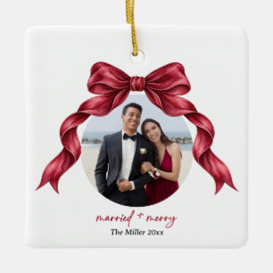 Married and Merry Elegant Burgundy Bow Ceramic Ornament