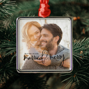 Married and Merry Elegant Script Name and Date Metal Tree Decoration