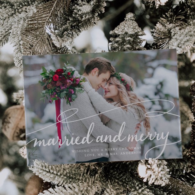 Married and Merry Elegant Swirl Wedding Photo Holiday Card (Creator Uploaded)