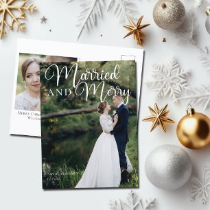 Married and Merry Elegant Wedding Photo Christmas Postcard