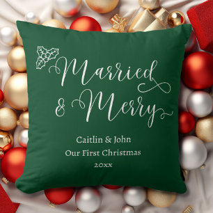 Married and Merry First Christmas Newlywed Green Cushion
