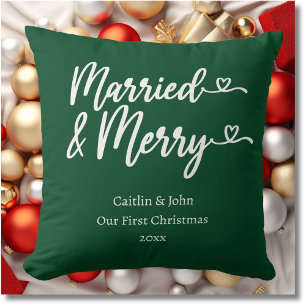 Married and Merry First Christmas Newlywed Green Cushion