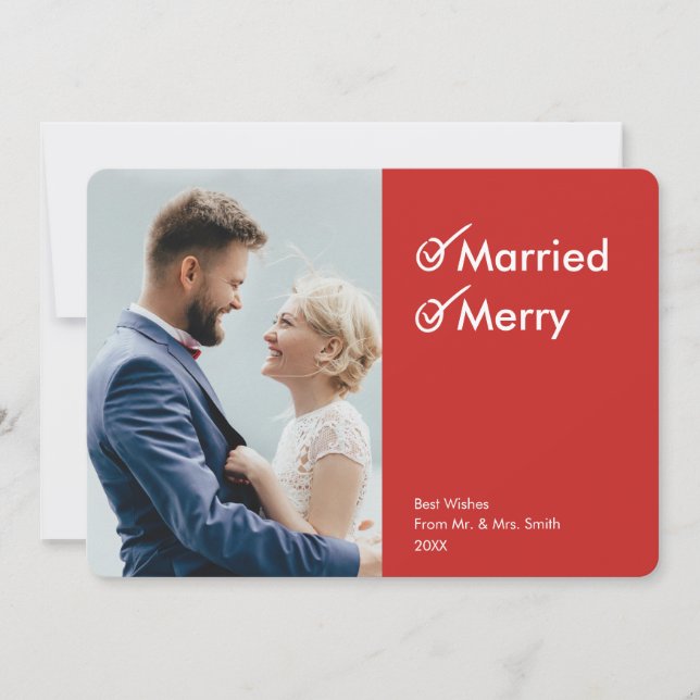 Married and Merry | First Christmas Photo Card (Front)