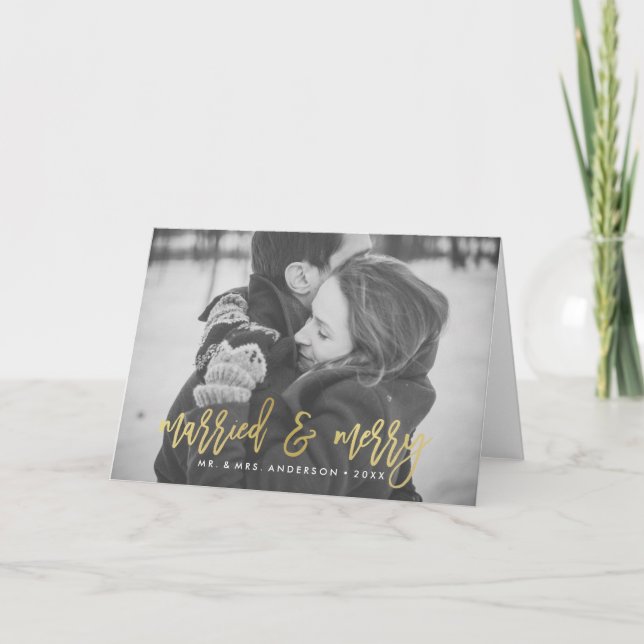 Married and Merry | Gold Folded Holiday Photo Card (Front)