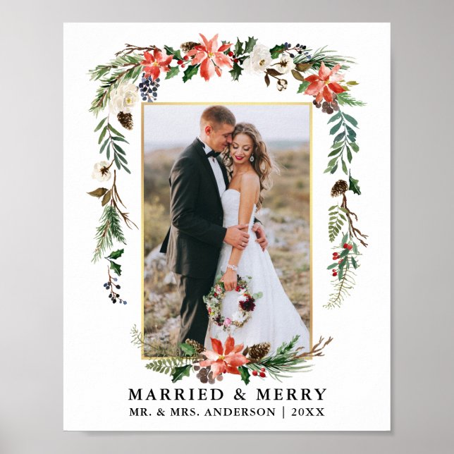 Married and Merry Gold Watercolor Winter Floral Poster (Front)