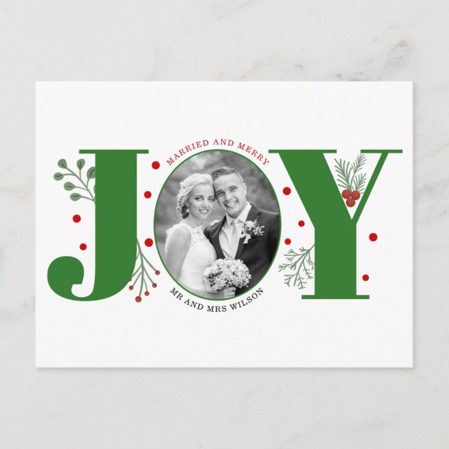 Married and Merry green JOY Christmas photo Postcard (Front)