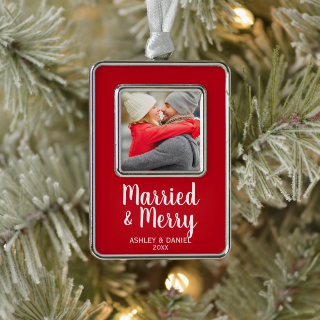 Married and Merry Holiday Silver Plated Framed Ornament (Tree)