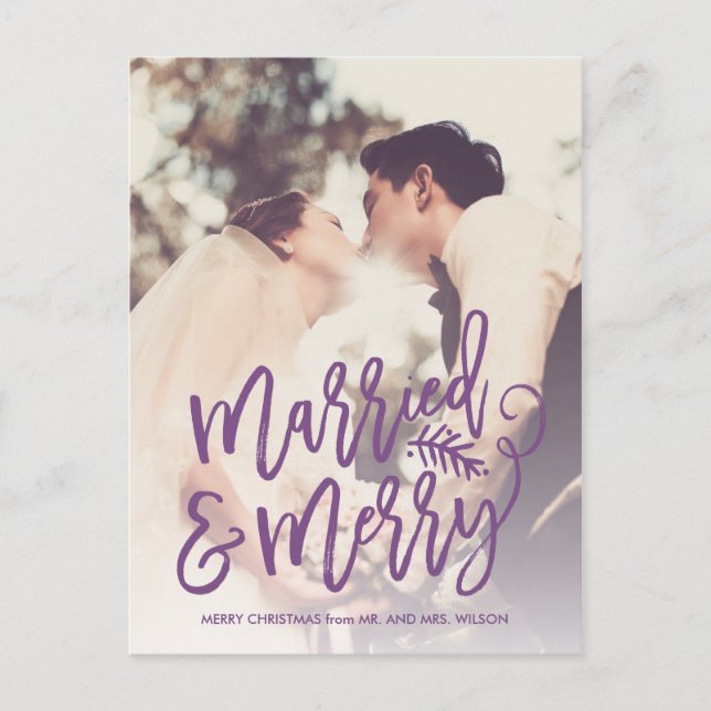 Married and Merry Holiday Thank You Photo Purple Postcard (Front)