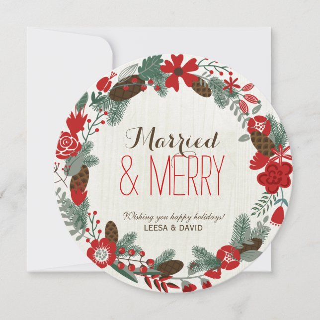 Married and Merry Holiday Wreath Photo Cards (Front)