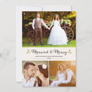 Married and Merry Holly Christmas Chevron Photo Holiday Card