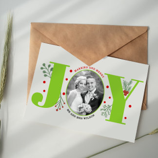 Married and Merry lime green JOY Christmas photo Postcard