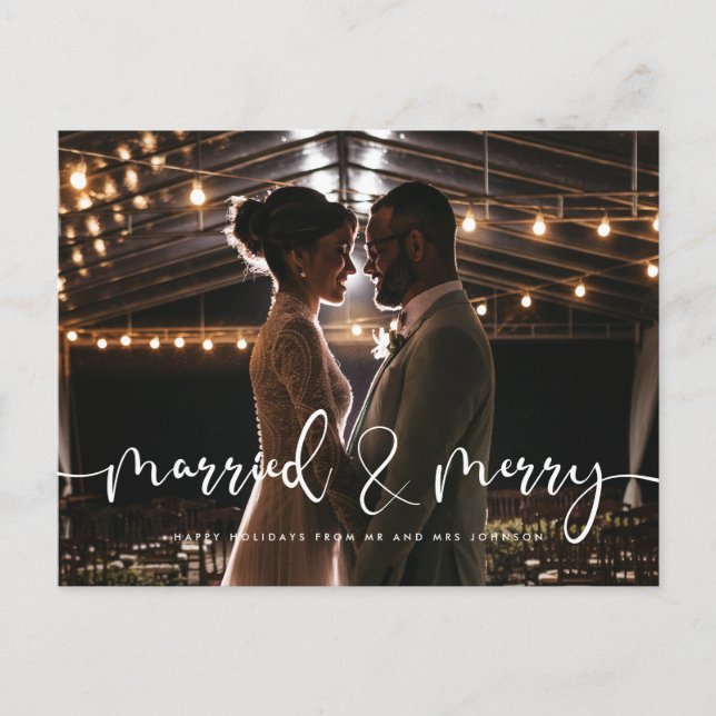 Married and Merry Modern calligraphy Christmas Postcard (Front)