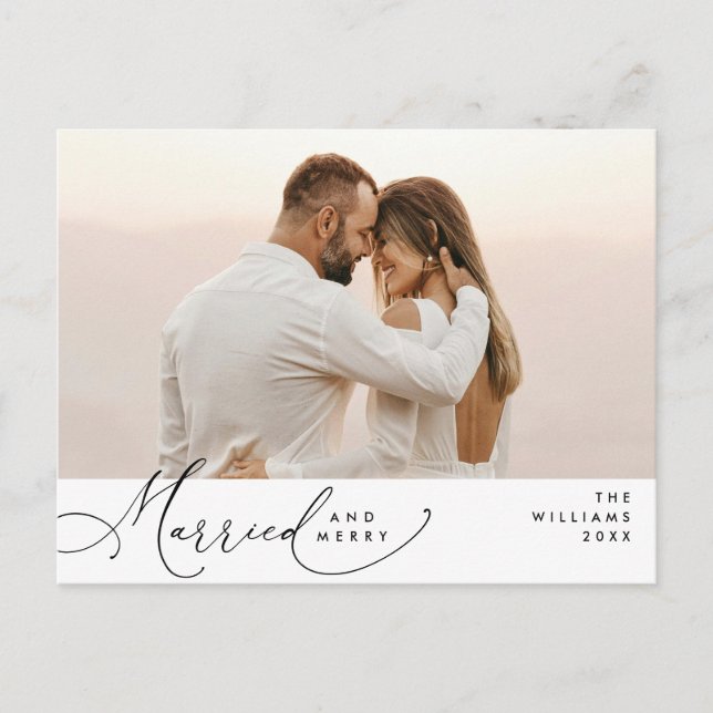 Married and Merry Modern Script Photo Holiday  Postcard (Front)