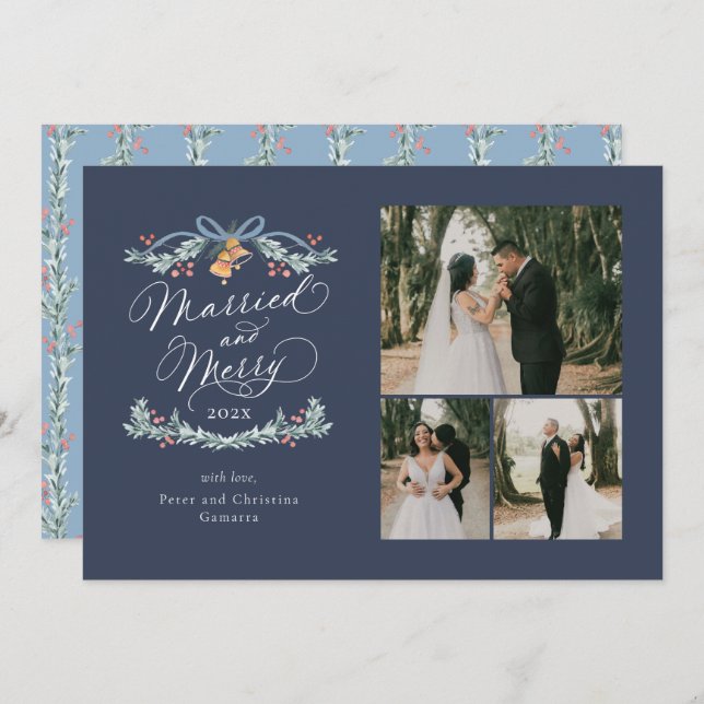 Married and Merry Multiphoto First Christmas Card (Front/Back)