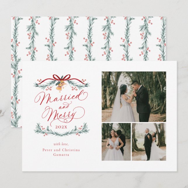 Married and Merry Multiphoto First Christmas Card (Front/Back)