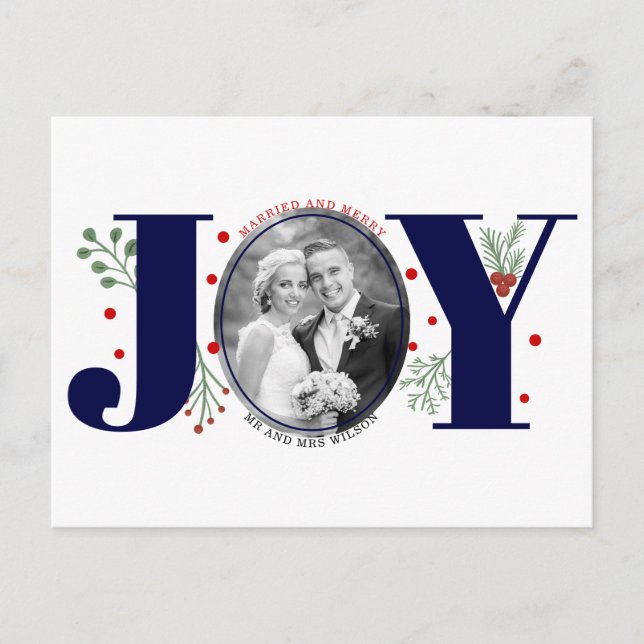 Married and Merry navy JOY Christmas holiday photo Postcard (Front)