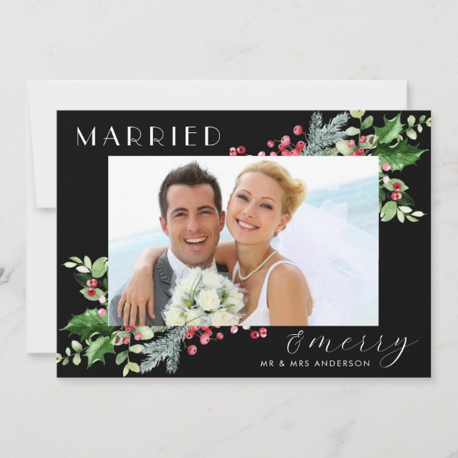 Married And Merry Newlywed Botanical Berry Photo Holiday Card (Front)
