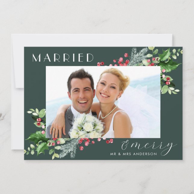 Married And Merry Newlywed Botanical Berry Photo Holiday Card (Front)